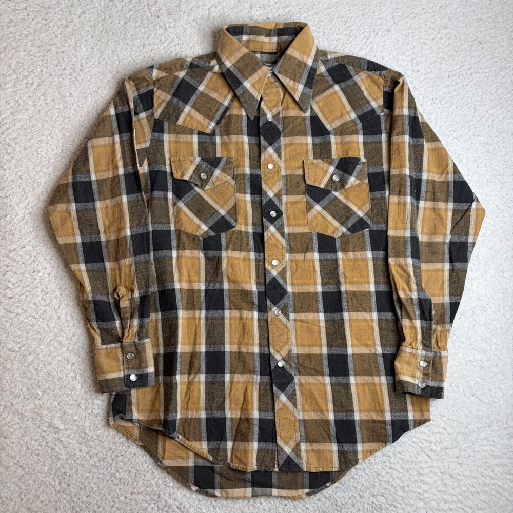 70s 80s Kmart Western Flannel Shirt Mens Medium Mustard Yellow Plaid Pearl Snap